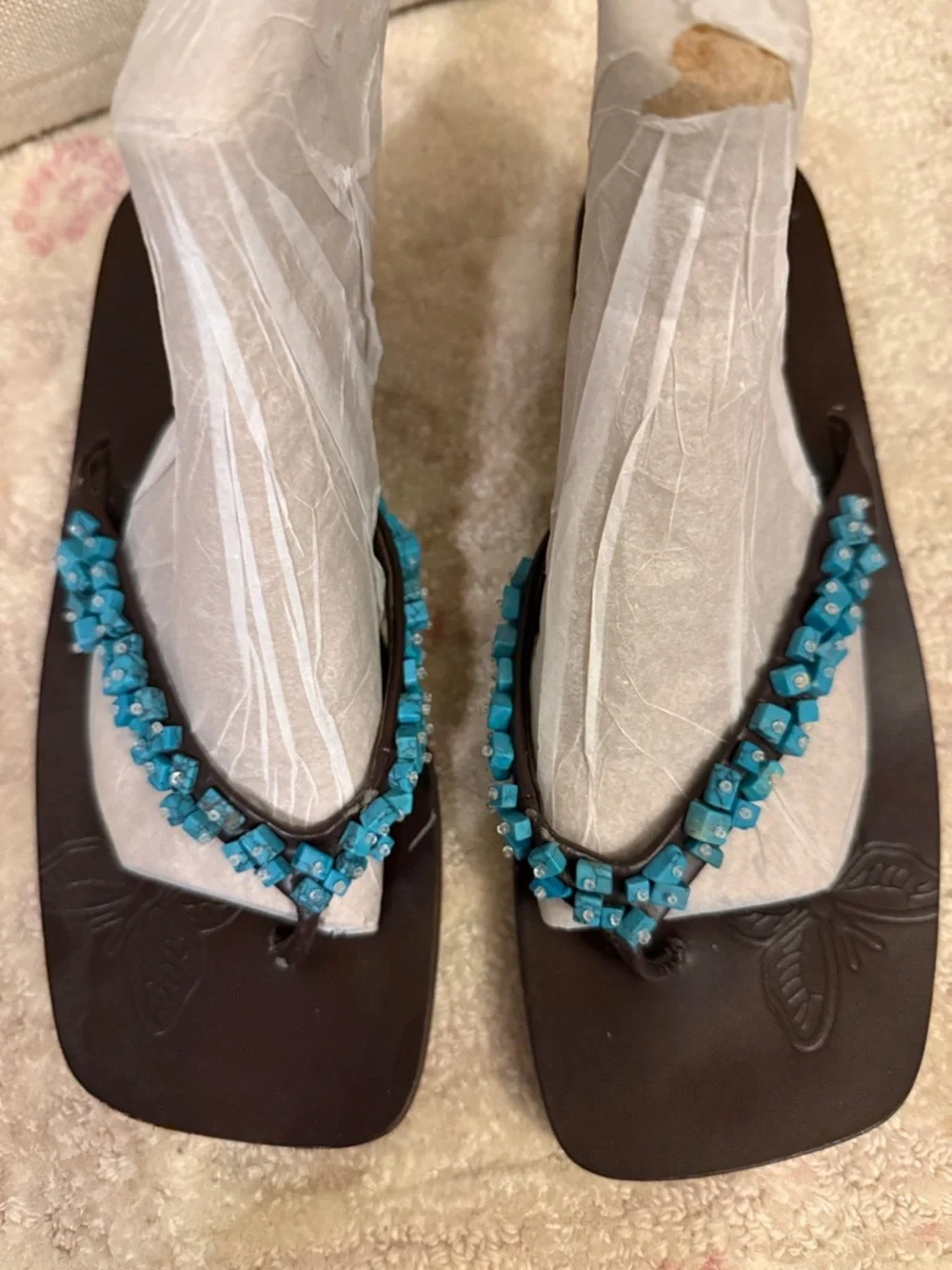 Beaded Turquoise Strap Brown Women's Flip Flops - Picture 1 of 3